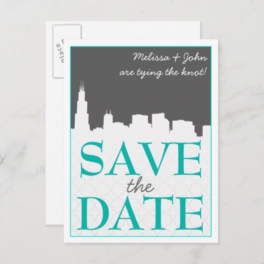 Modern stadsbeeld Save the Date Briefkaarten (Voorkant / Achterkant)