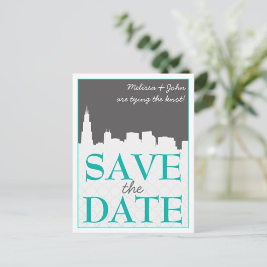 Modern stadsbeeld Save the Date Briefkaarten (Staand voorkant)