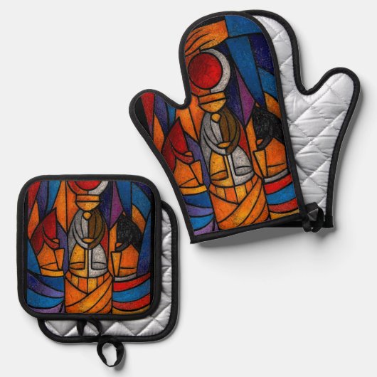 Modern Stained Glass Three Wise Men Ovenwant & Pannenlap Set (Voorkant / Achterkant)