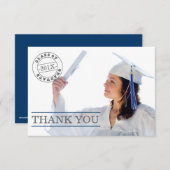 Modern Stamp Photo Afstuderen Dank je | Blauw Bedankkaart (Voorkant / Achterkant)