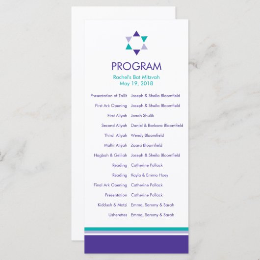 Modern Star Bat Mitzvah-programma Programmakaart (Voorkant / Achterkant)