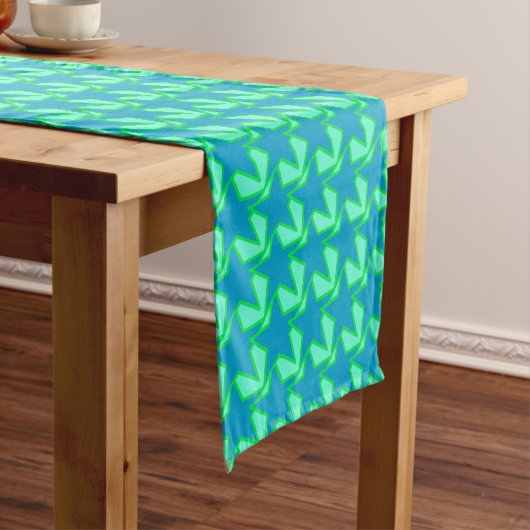 Modern Star Geometric Pattern, Jade Green en Blue Korte Tafelloper (Voorbeeld)