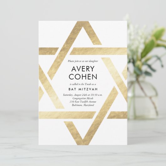Modern Star Gold Foil Bat Mitzvah Uitnodiging (Staand voorkant)