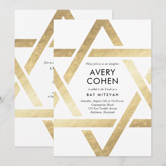 Modern Star Gold Foil Bat Mitzvah Uitnodiging (Voorkant / Achterkant)
