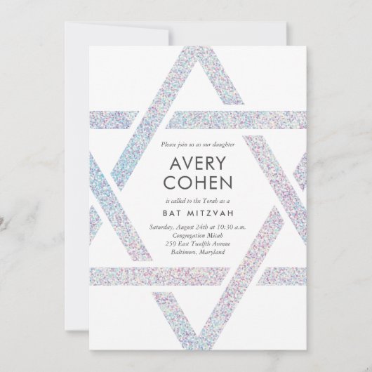 Modern Star Holographic Glitter Bat Mitzvah Kaart (Voorkant)