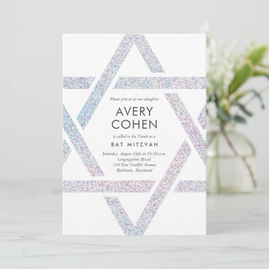 Modern Star Holographic Glitter Bat Mitzvah Kaart (Staand voorkant)