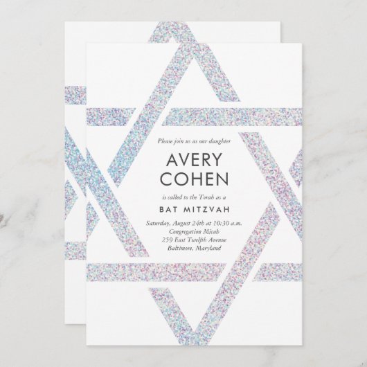 Modern Star Holographic Glitter Bat Mitzvah Kaart (Voorkant / Achterkant)