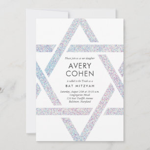 Modern Star Holographic Glitter Bat Mitzvah Kaart