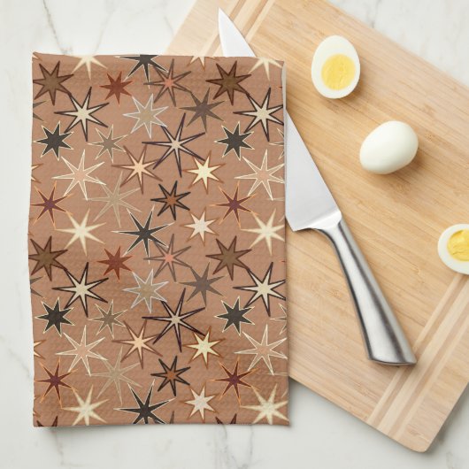 Modern Starburst Print, Coffee Brown en Beige Theedoek (Quarter Fold)