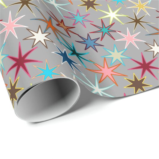 Modern Starburst Print, Jewel kleuren op grijs Cadeaupapier (Rol Hoek)