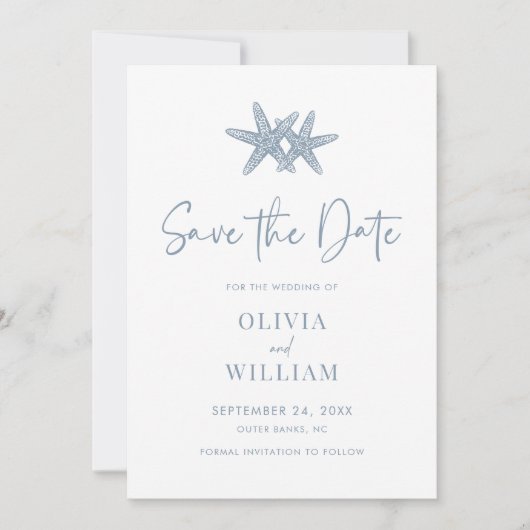 Modern Starfish Beach Dusty Blue Photo Wedding Save The Date (Voorkant)