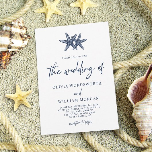 Modern Starfish Beach Nautical Navy Script Weddens Kaart