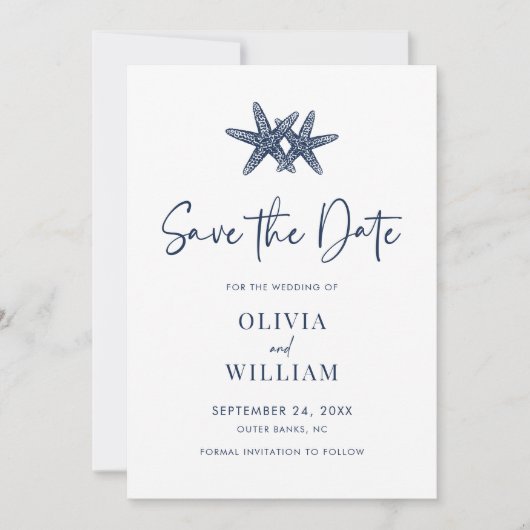 Modern Starfish Beach Navy Blue Wedding Save The Date (Voorkant)