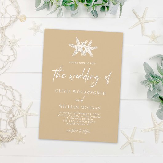 Modern Starfish Beach Sand beige Script Weddenscha Kaart