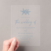 Modern Starfish Beach Script Dusty Blue Wedding Acryl Uitnodigingen (Insitu (Draagbaar))