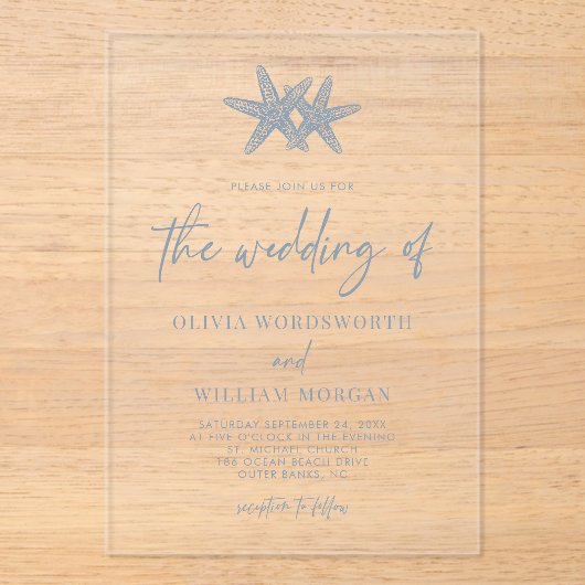 Modern Starfish Beach Script Dusty Blue Wedding Acryl Uitnodigingen (Voorkant)