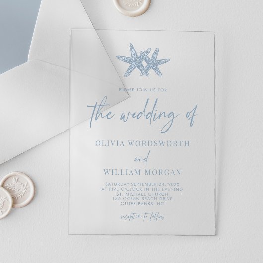 Modern Starfish Beach Script Dusty Blue Wedding Acryl Uitnodigingen