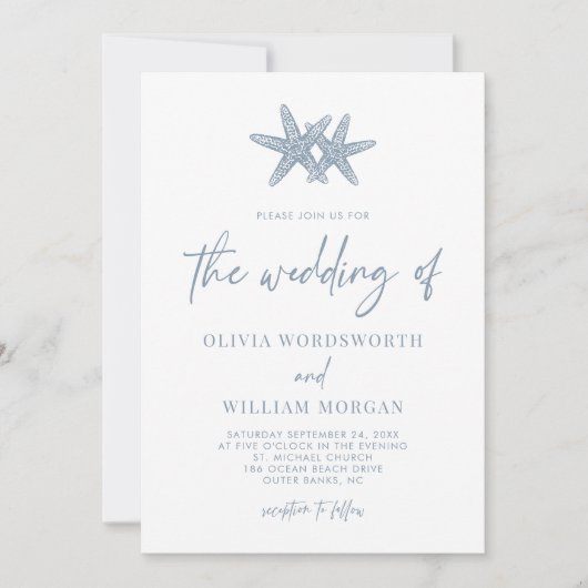 Modern Starfish Beach Script Dusty Blue Wedding Kaart (Voorkant)