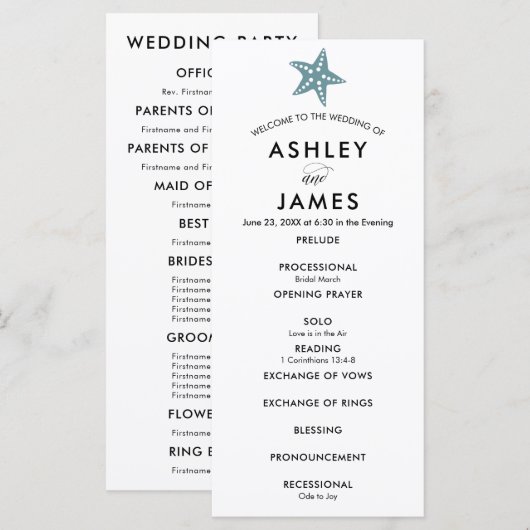 Modern Starfish Wedding Ceremony Programme Blue Gr Programmakaart (Voorkant / Achterkant)