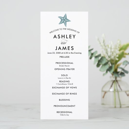Modern Starfish Wedding Ceremony Programme Blue Gr Programmakaart (Staand voorkant)