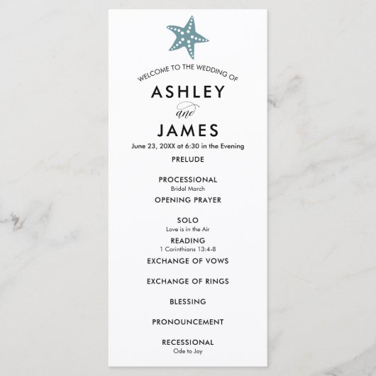 Modern Starfish Wedding Ceremony Programme Blue Gr Programmakaart (Voorkant)