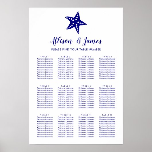 Modern Starfish Wedding Seating Chart Sign, marine Poster (Voorkant)