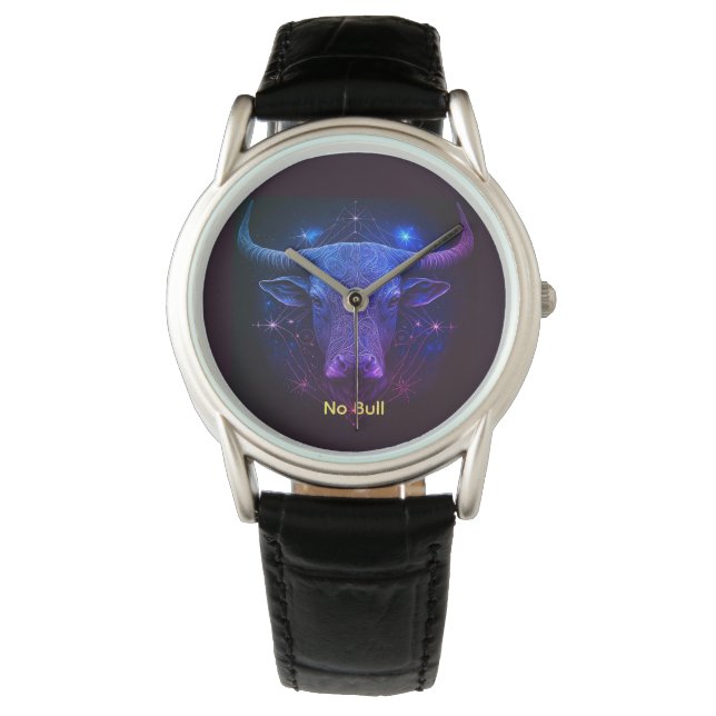 Modern Starry Blue "No Bull" Taurus Horloge (Voorkant)