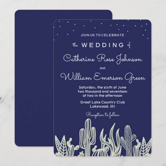 Modern Starry Sky Cactus Navy Wedding Uitnodiging (Voorkant / Achterkant)