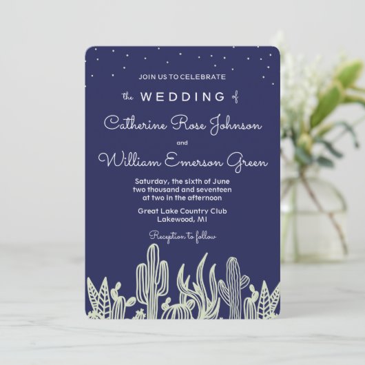 Modern Starry Sky Cactus Navy Wedding Uitnodiging (Staand voorkant)