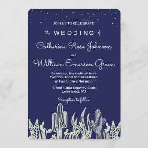 Modern Starry Sky Cactus Navy Wedding Uitnodiging