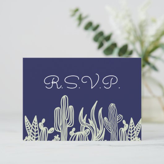 Modern Starry Sky en Cactus Navy Wedding RSVP Kaartje (Staand voorkant)