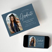 Modern Steel Blue Arch Photo Afstuderen Aankondiging