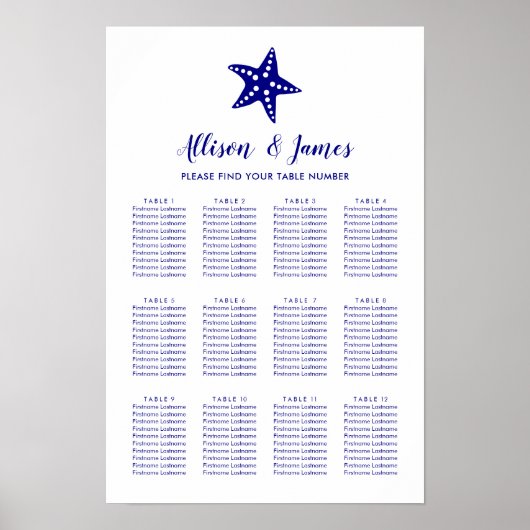 Modern Sterrenvis Trouw Stoelen Chart Bord, Navy Poster (Voorkant)