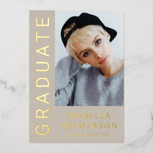 Modern Stijlvol 2-fotoAfstuderen Taupe Brown Gold Folie Uitnodiging