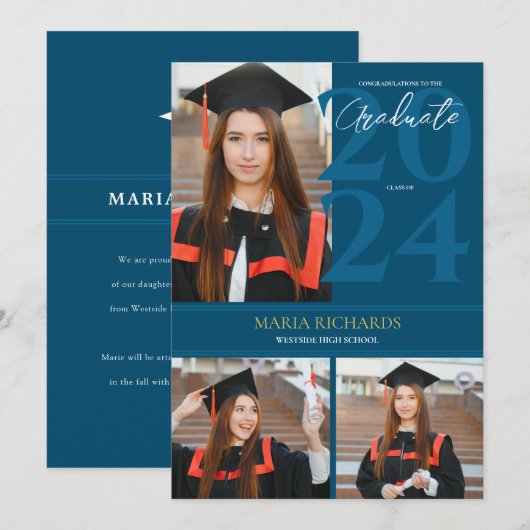 Modern stijlvol 3 foto collage blauw Afstuderen Aankondiging (Voorkant / Achterkant)