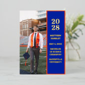 Modern stijlvol blauw foto Afstuderen aankondiging (Staand Voorkant)