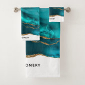 Modern stijlvol Blauwgroen agate & Gold Ribbon op Bad Handdoek (Insitu)