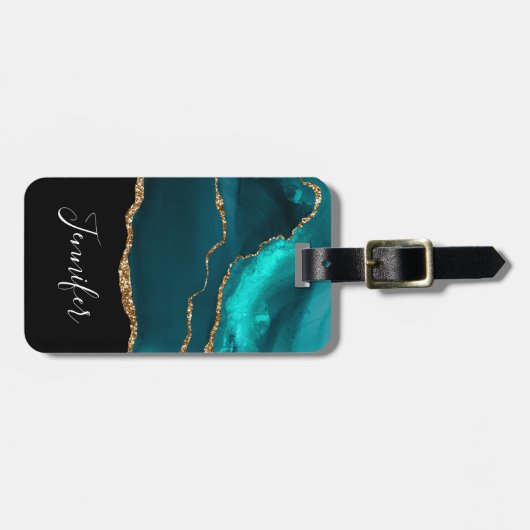 Modern stijlvol Blauwgroen agate & Gold Ribbon op  Bagagelabel (Voorkant horizontaal)