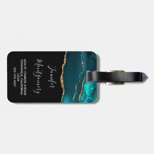 Modern stijlvol Blauwgroen agate & Gold Ribbon op Bagagelabel (Achterkant horizontaal)