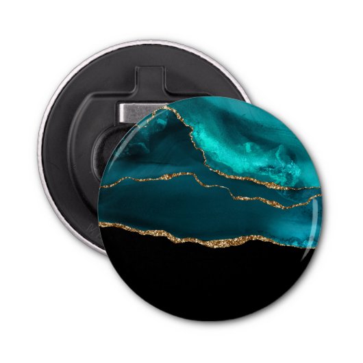 Modern stijlvol Blauwgroen agate & Gold Ribbon op  Button Flesopener (Voorkant)