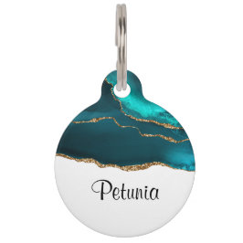 Modern stijlvol Blauwgroen agate & Gold Ribbon op  Huisdierpenning