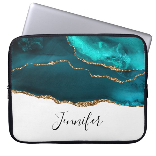 Modern stijlvol Blauwgroen agate & Gold Ribbon op  Laptop Sleeve (Voorkant)