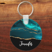 Modern stijlvol Blauwgroen agate & Gold Ribbon op  Sleutelhanger (Achterkant)