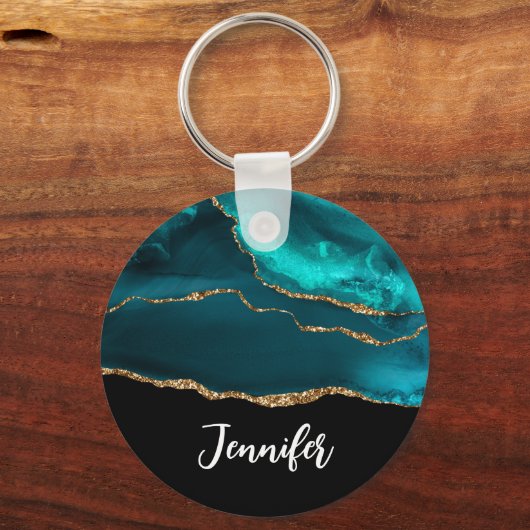 Modern stijlvol Blauwgroen agate & Gold Ribbon op Sleutelhanger (Achterkant)