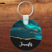 Modern stijlvol Blauwgroen agate & Gold Ribbon op  Sleutelhanger (Voorkant)