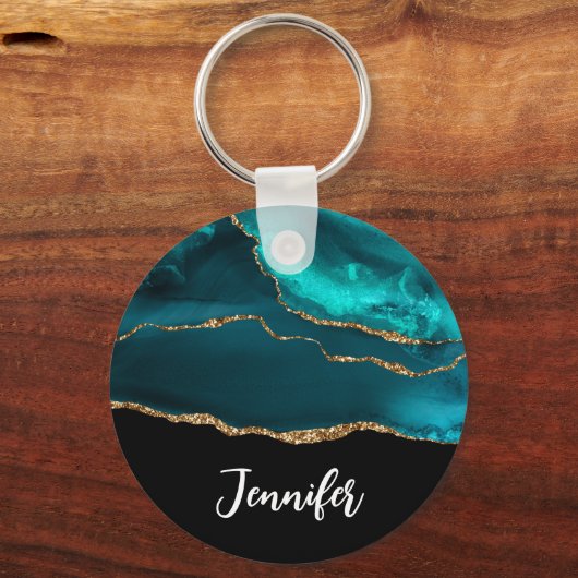Modern stijlvol Blauwgroen agate & Gold Ribbon op  Sleutelhanger (Voorkant)