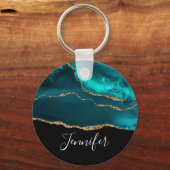 Modern stijlvol Blauwgroen agate & Gold Ribbon op  Sleutelhanger (Voorkant)