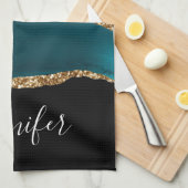 Modern stijlvol Blauwgroen agate & Gold Ribbon op Theedoek (Quarter Fold)