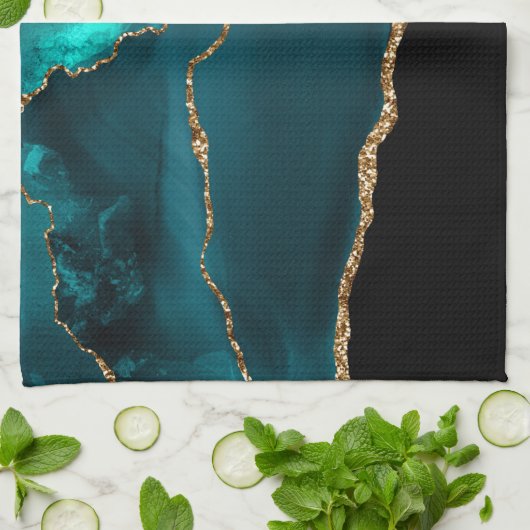 Modern stijlvol Blauwgroen agate & Gold Ribbon op  Theedoek (Gevouwen)