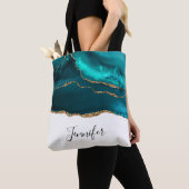 Modern stijlvol Blauwgroen agate & Gold Ribbon op  Tote Bag (Dichtbij)